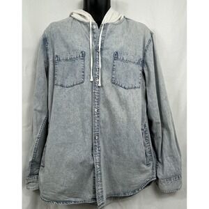 PacSun Hooded Denim Shirt Jacket Mens Large Acid Wash Shacket Button Up Pockets